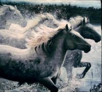Animals - Horses Running In Water - Oils On Slate